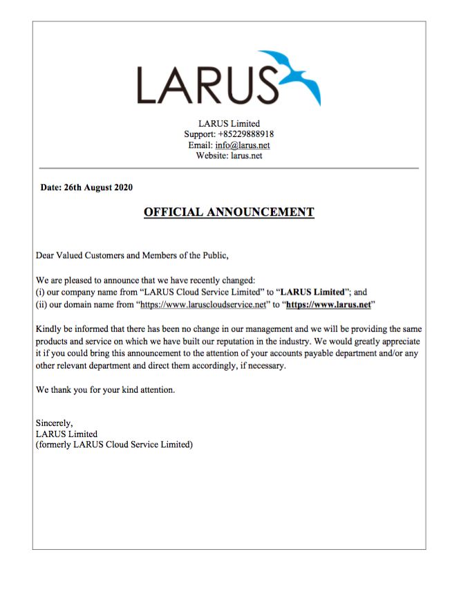 LARUS Limited official announcement